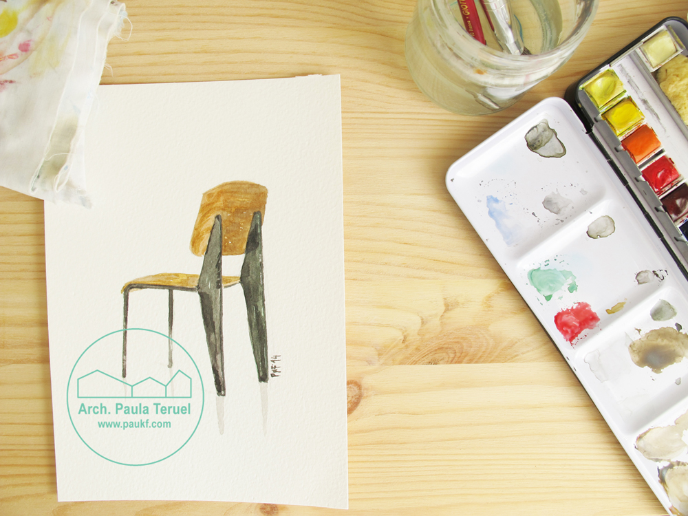 JEAN PROUVE STANDARD CHAIR SILLA WATERCOLOR ACUARELA BY PAUKF PKF ARCHITECTURE ARQUITECTURA DISEÑO ILUSTRACION ILLUSTRAZIONE ILLUSTRATION