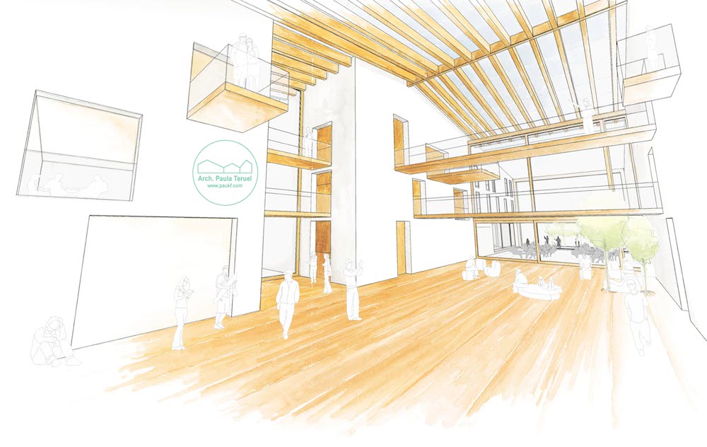 RESIDENCIA ESTUDIANTES MALLES ARCHITECTURE COMPETITION BY PAULA TERUEL PAUKF watercolor render infografia acuarela 3d arquitectura