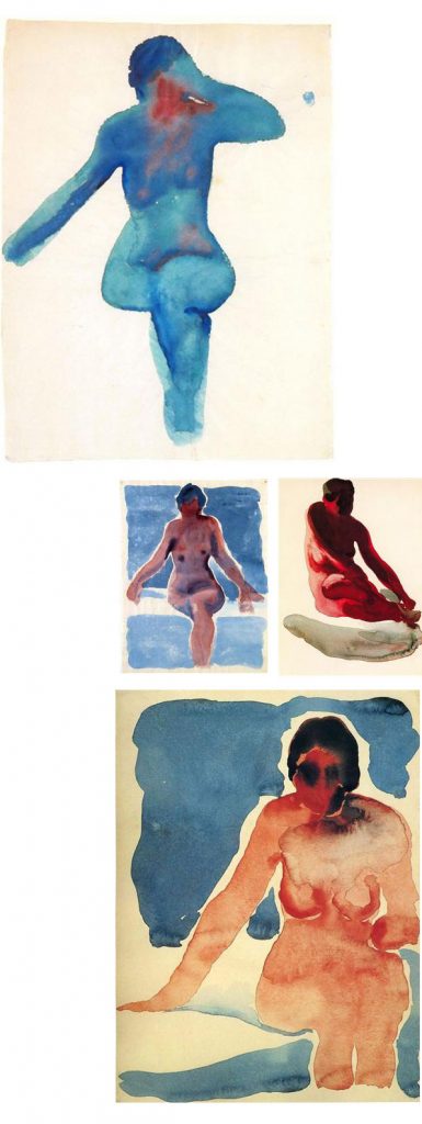 nude series georgia o'keeffe, acuarelas watercolors on paukf art arte